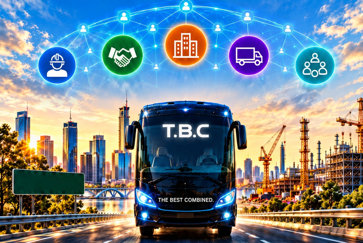 The T.B.C bus on the road with Perth city and industry behind it, connecting Workers, Contractors, Clients, Suppliers and Network Recruiters.